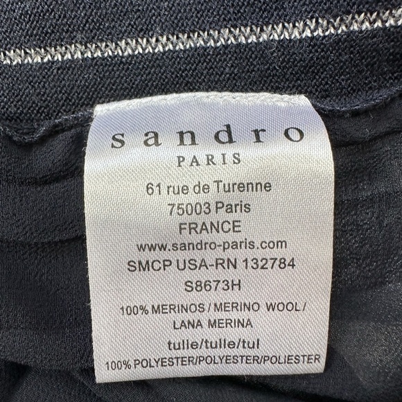 WOMENS SANDRO Paris. Merino Wool . BLUE/WHITE V-BACK LONG SLEEVE KNIT TOP SZ M - Picture 7 of 9